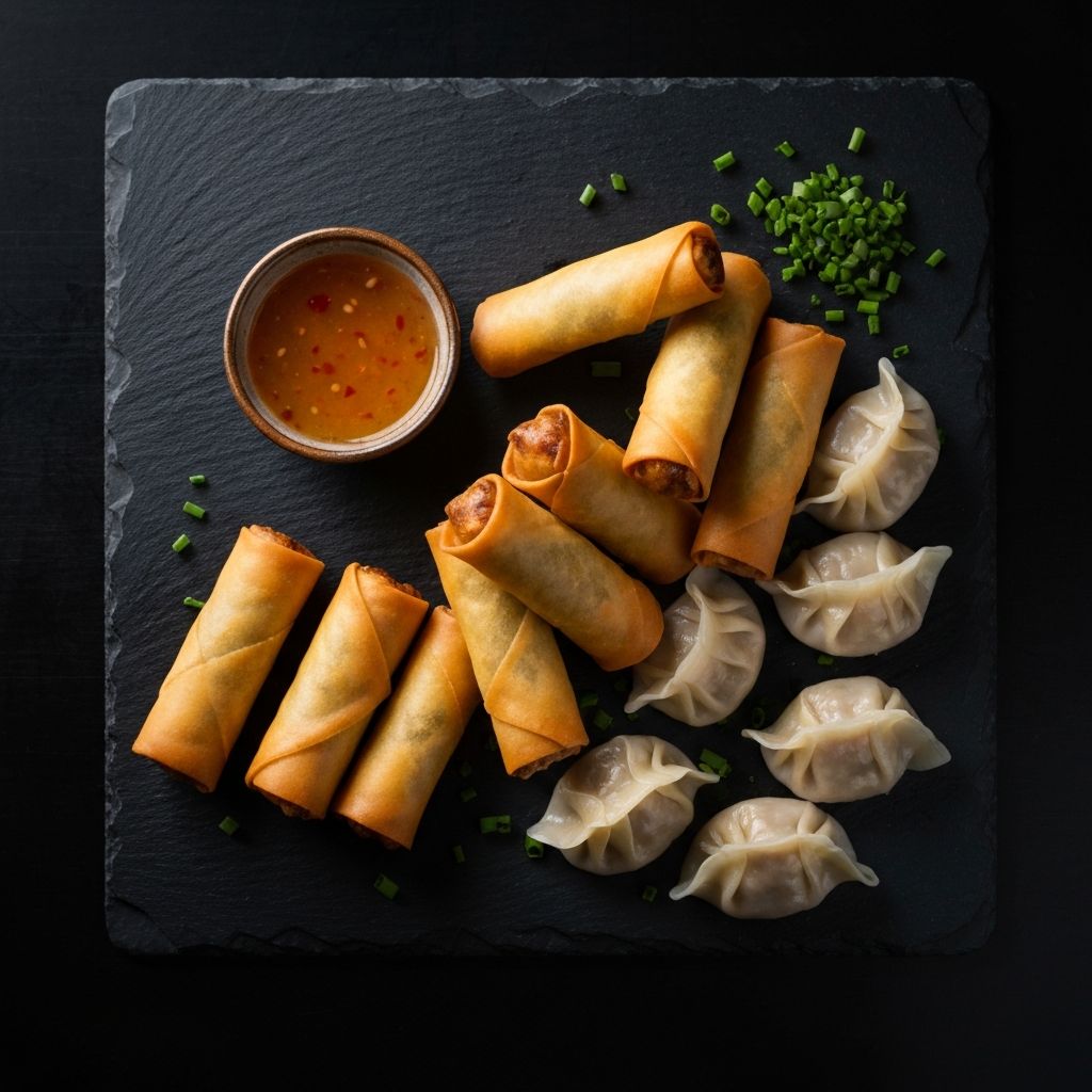 Platter of crispy spring rolls and steamed dumplings with dipping sauce