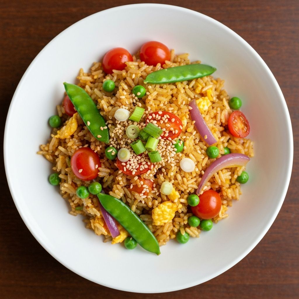 Bowl of golden egg fried rice with spring onions and sesame seeds