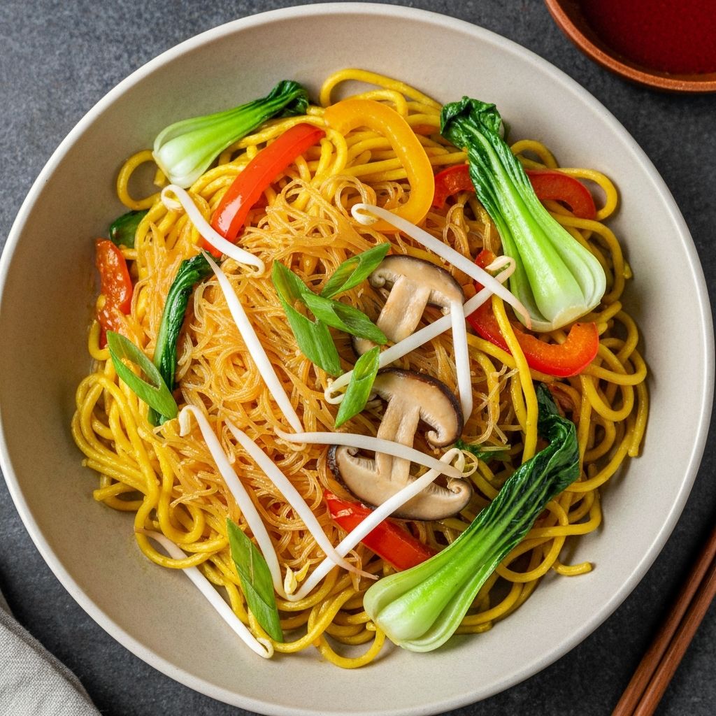 Plate of stir-fried Singapore noodles with colourful vegetables